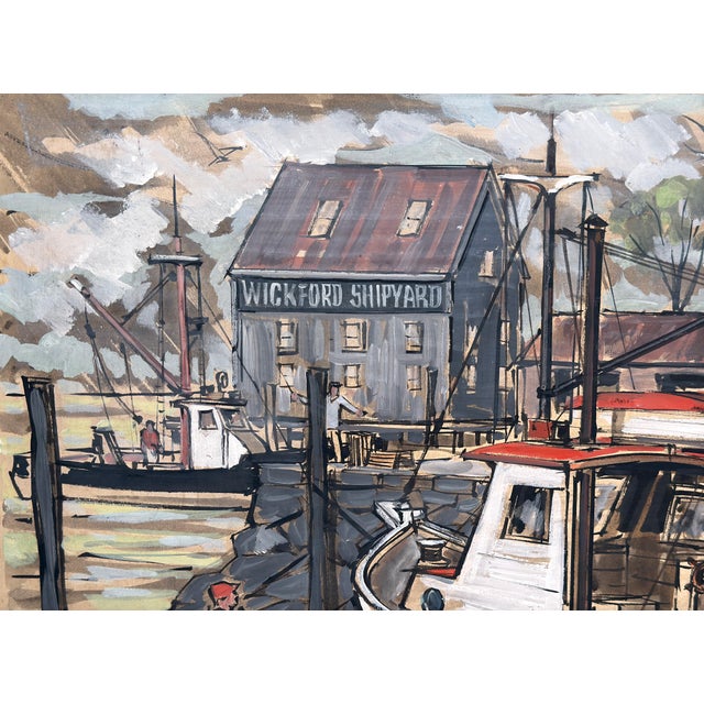 1960s Vintage 1960's John Day "Wickford Shipyard" Rhode Island Harbor Scene Painting For Sale - Image 5 of 8