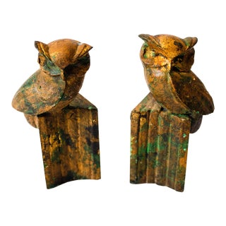 Cast-Metal Painted Owl Bookends - a Pair For Sale