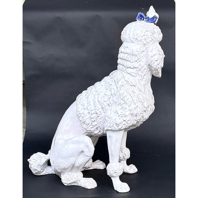 Italian Faience Poodle Figure, White Glaze With Blue Bow, Mid-20th Century, 21 3/4 In. Tall For Sale - Image 4 of 15