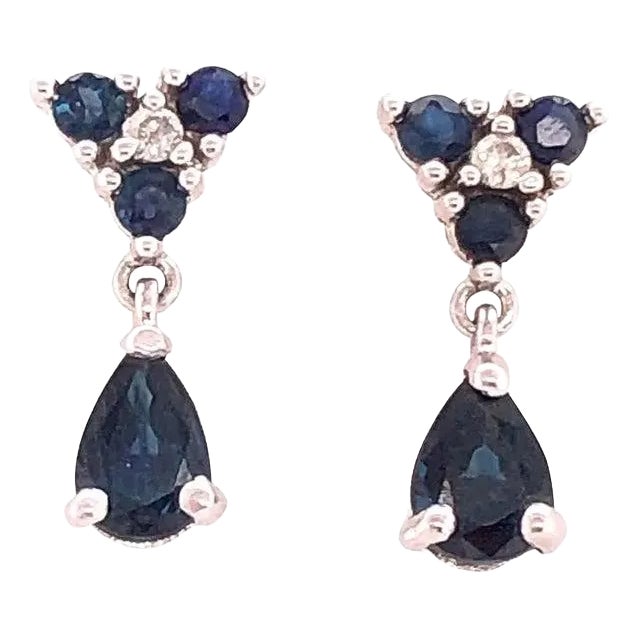 14 Karat White Gold and Blue Sapphire Drop Earrings 0.02 Total Diamond Weight, A Pair For Sale