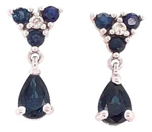 14 Karat White Gold and Blue Sapphire Drop Earrings 0.02 Total Diamond Weight, A Pair