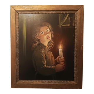 Mid 20th Century Vintage Oil Painting on Canvas of Young Girl With a Candle, Framed For Sale