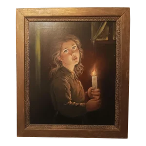 Mid 20th Century Vintage Oil Painting on Canvas of Young Girl With a Candle, Framed