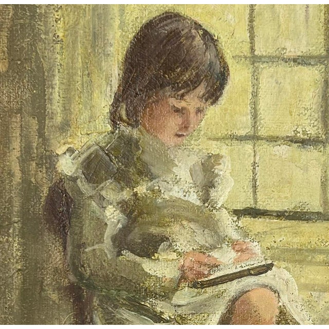 Bright and cheery painting of a young girl by a wind by Helen Rayburn Caswell, (American, 1923 - 2018) she was born in...
