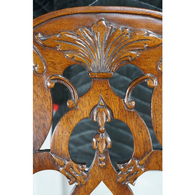 6 Late 20th Century Maitland Smith Chippendale Pierced Mahogany Dining Side Arm Chairs Silk Seats For Sale - Image 18 of 18