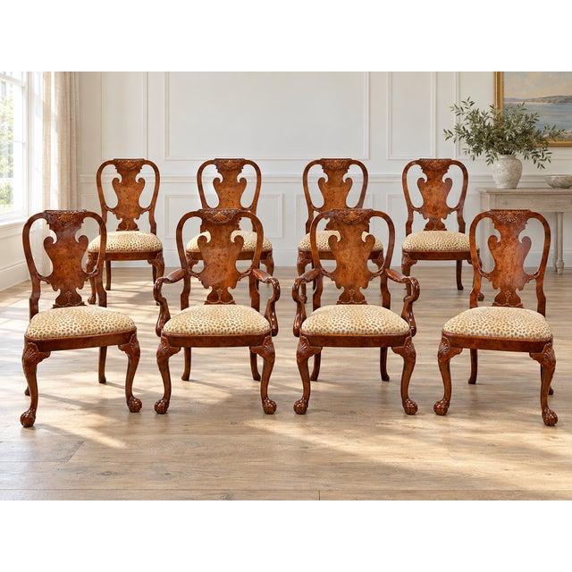 Queen Anne Vintage Queen Anne Burl Walnut Dining Chairs With Leopard Velvet Seats — Set of 8 For Sale - Image 3 of 18