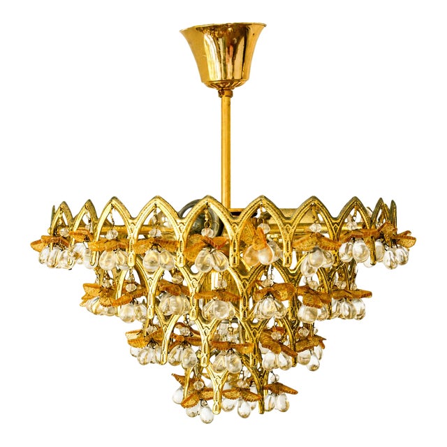 Vintage Murano Glass Fruit Chandelier, 58 Drops, Gilt Metal, 4-Light, 1970s For Sale