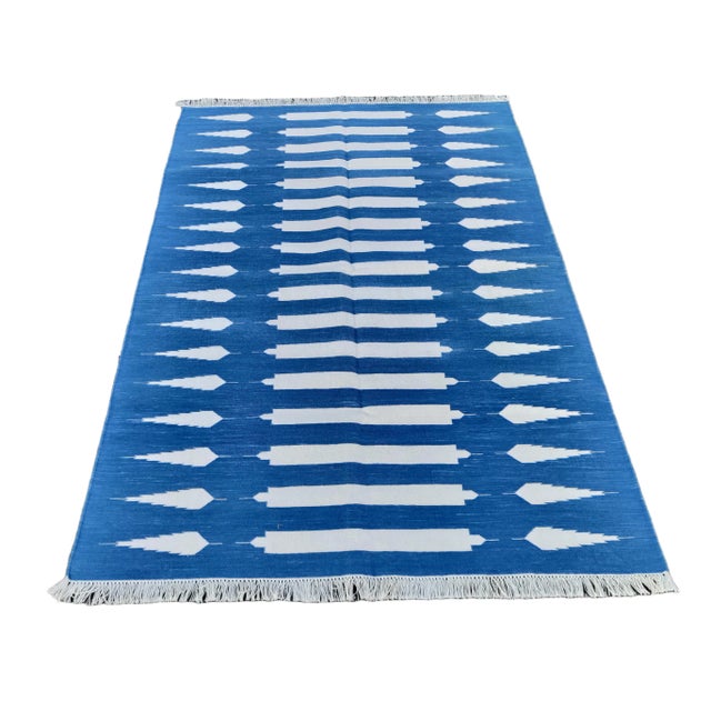 Cotton Blue and White Striped Rug 12'x15'. These special flat-weave dhurries are hand-woven with 15 ply 100% cotton yarn....