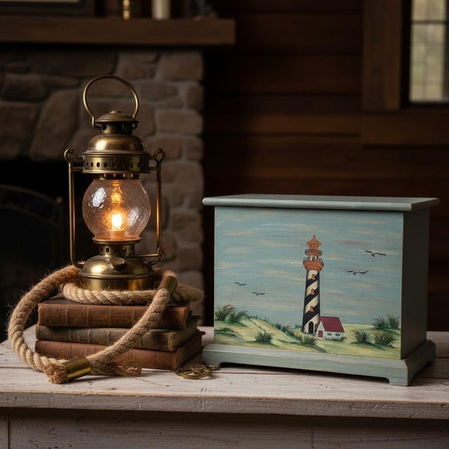 Hand painted wooden storage box featuring a classic coastal lighthouse scene, finished in soft seafoam tones with subtle...