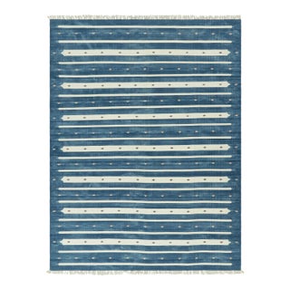 Rug & Kilim's Contemporary Dhurrie Rug in Blue with White Stripes - 14x20 For Sale