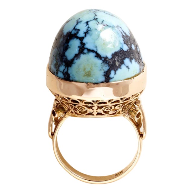 Vintage 18k Rose Gold 20.88 Carat Turquoise Dome Cocktail Ring, Size 7.75 For Sale