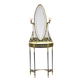 1920’s Console Table Mirror After Oscar Bach Gilt Bronze Owls Onyx Marble Top For Sale