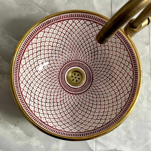Ceramic Sink With 14k Gold Rim Vessel Round Sink Bowl Basin With Drain For Sale - Image 4 of 10