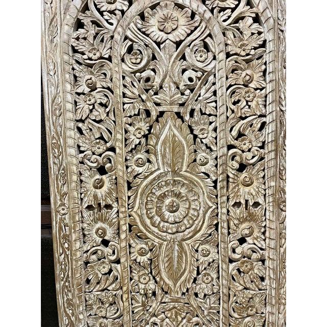 Mid-Century Modern Natural Wood Floral Lattice Carved Door | Vintage Room Divider 80x36 For Sale - Image 3 of 4