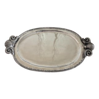 Large Coastal Silver Aluminum Serving Platter Tray With Seashell Motif Handles For Sale