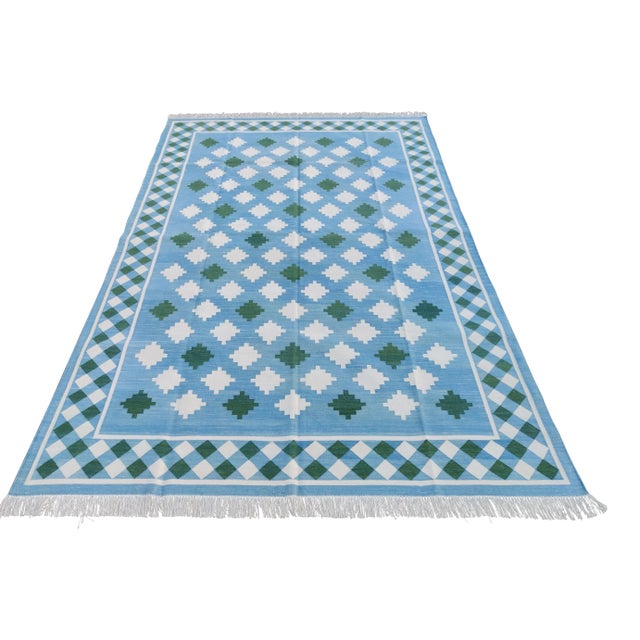 Handmade Cotton Star and Gingham Rug For Sale