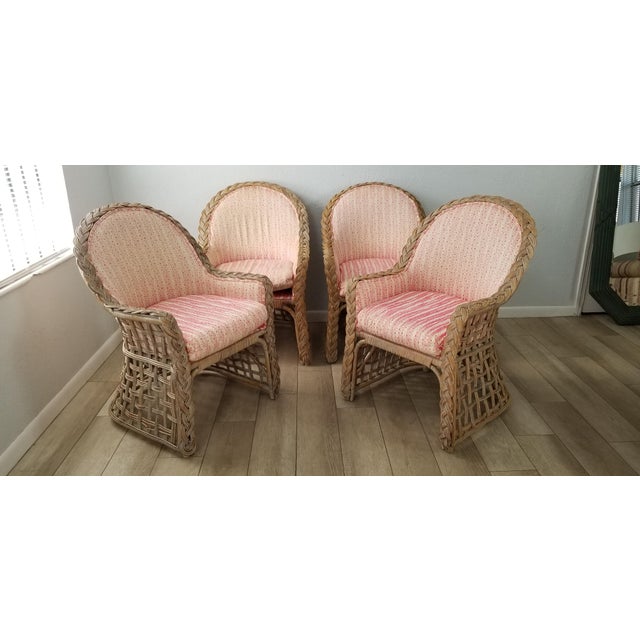 Set Of Four Vintage Tropical Rattan Island Style Wicker Braided Dining Chairs By Kreiss Collection Chairish