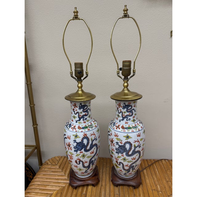 Vintage 1970s Colorful Dragon Lamps, a Pair For Sale - Image 4 of 9