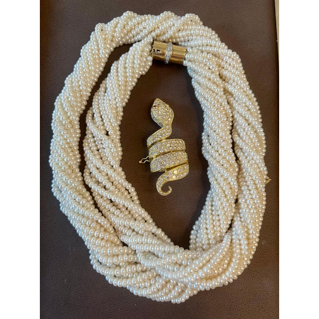 Contemporary Japanese Akoya Pearl with Snake Diamond Slider and Clasp Opera Length Necklace For Sale - Image 3 of 18