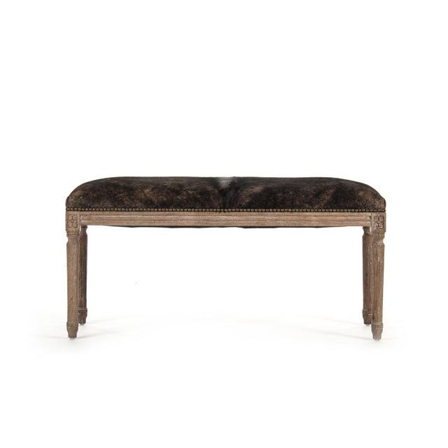 Farmhouse Lille Dark Brown Cowhide Bench with Oak Frame For Sale - Image 3 of 4