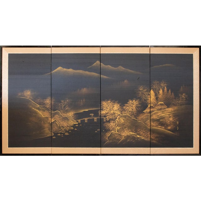 1960s Shōwa Era Japanese Monochrome Byobu Screen on Black Silk Background For Sale - Image 15 of 15