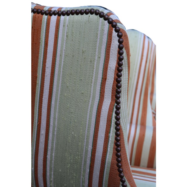 Late 20th Century Vintage Baker Furniture Celadon & Rust Striped Wingback Chairs With Nailhead Trim — Pair For Sale - Image 5 of 18