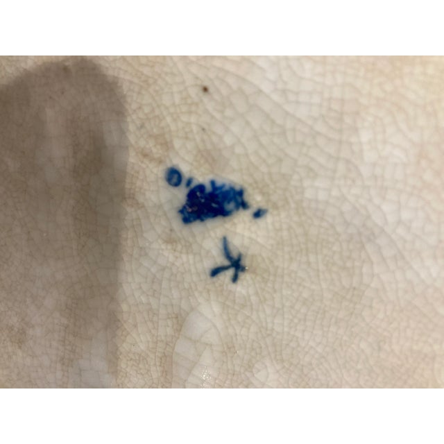 Vintage Large Blue and White Cylindrical Porcelain Chinese Teapot With Brass Handle and Trim For Sale - Image 12 of 12