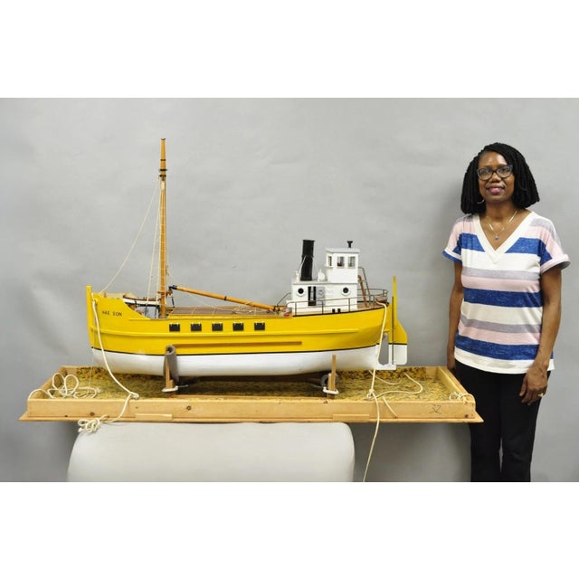 Large 48" Vintage Wooden Fishing Vessel Model Ship, Yellow Hull South Korean Flag. Circa Late 20th Century. Measurements:...