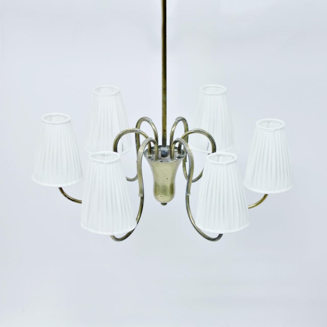 Swedish Modern Brass 6-Light Chandelier, 1930s-1940s For Sale - Image 6 of 11