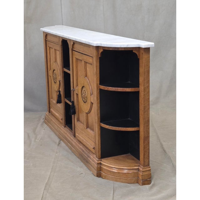 Antique Early 1900s Oak Console Cabinet With Doors, Shelves and a Marble Top For Sale - Image 15 of 18