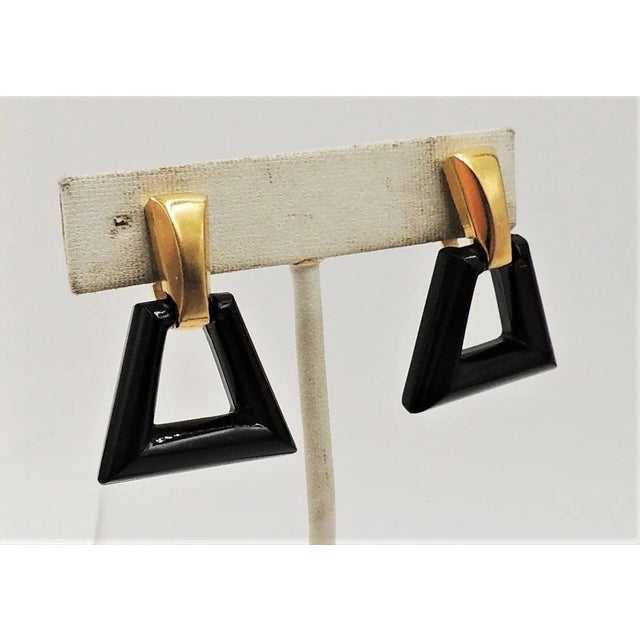 Black Vintage 1970s Signed Crown Trifari Goldtone & Black Lucite Hoop Clip Earrings - 2 Pieces For Sale - Image 8 of 9