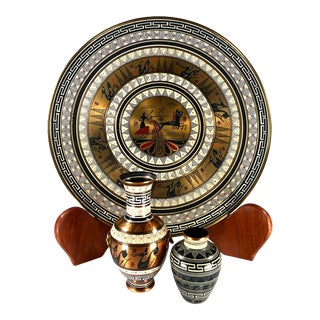 Mid-Century Hand-Painted Greek Tray and Vases - 3 Piece Set For Sale