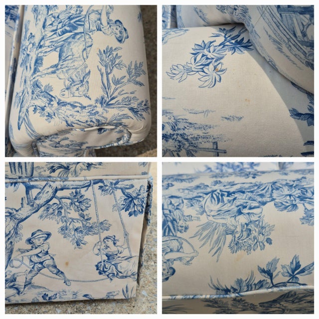 Antique Blue & White Toile De Jouy Camel Back Loveseat Rolled Arms Pleated Skirt For Sale - Image 14 of 16