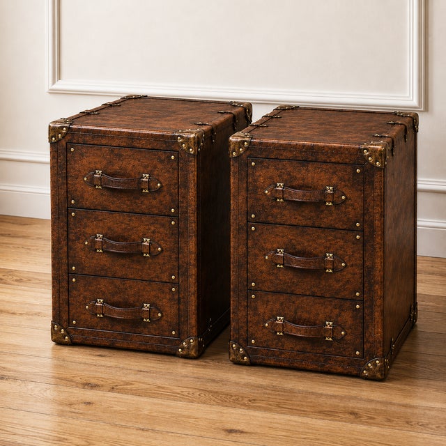 Not Yet Made - Made To Order Luxury Leather Dark Brown Nightstand Pair, Handmade Vintage Trunk Bedside Tables, Leather Drawer Cabinet, Brass Studded Bedroom Storage For Sale - Image 5 of 9