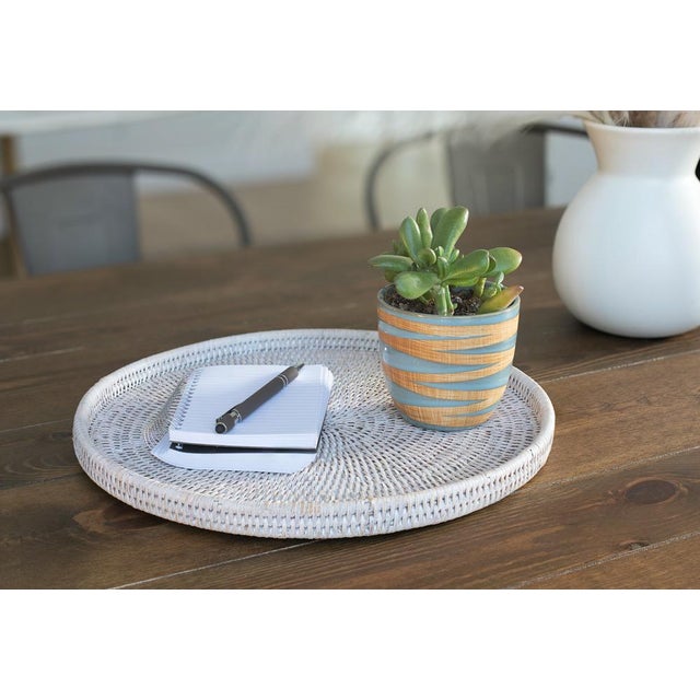 Boho Chic Artifacts Rattan Round Flat Tray in White Wash - 14" For Sale - Image 3 of 8