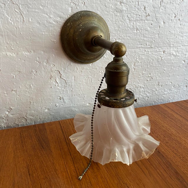 Industrial Antique Industrial Brass Wall Sconce With Frosted Ruffle Shade For Sale - Image 3 of 11