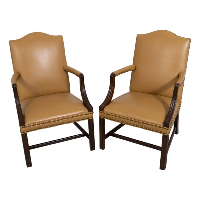 Pair of Mahogany Leather Martha Washington Style Armchairs For Sale