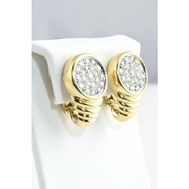 Metal 1970s Pave Diamond Ribbed Gold Clip Earrings - 2 Pieces For Sale - Image 7 of 7