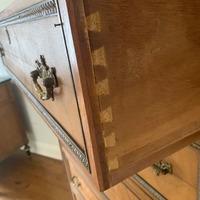 Brown 1920s French Louis XVI Style Tall Chest With Book Matched Walnut Veneer and Brass Accents For Sale - Image 8 of 9