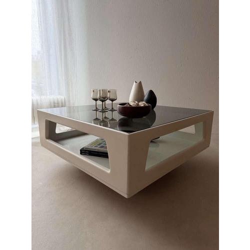 Space Age Coffee Table in White Smoked Glass and Wenge Wood, 1970s For Sale - Image 3 of 11