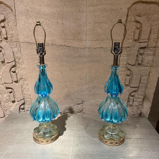Seguso Mid-Century Modern Blue Murano Glass Table Lamps Designed by Segues For Sale - Image 4 of 12
