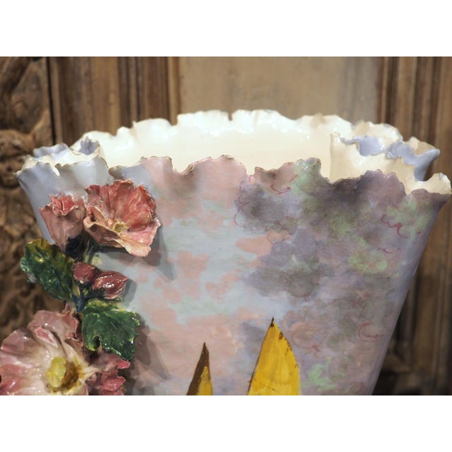 Ceramic Pair of Circa 1890 Hand Painted French Gros-Relief Blue Ground Barbotine Vases For Sale - Image 7 of 18