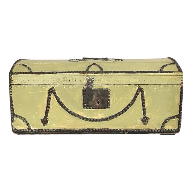 Antique Metal Studded and Painted Wood Trunk For Sale