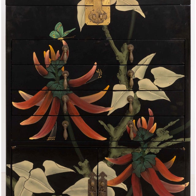 Chinese Floral Motif Hand-Painted and Black Lacquered Cabinet For Sale - Image 4 of 11