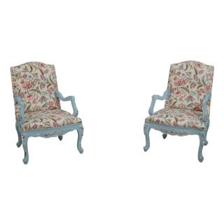 Pair of French Provincial Blue Frame Open Arm Chairs For Sale