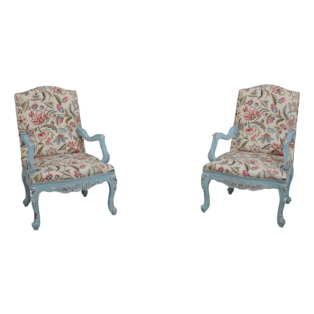 Pair of French Provincial Blue Frame Open Arm Chairs For Sale