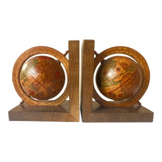 Italian Rotating Globe Bookends on Wood Bases, C. 1970's For Sale