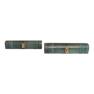 Pair of Vintage Traditional Scottish Tartan Plaid Painted Wood and Brass Arched Lidded Boxes, Blue & Green For Sale