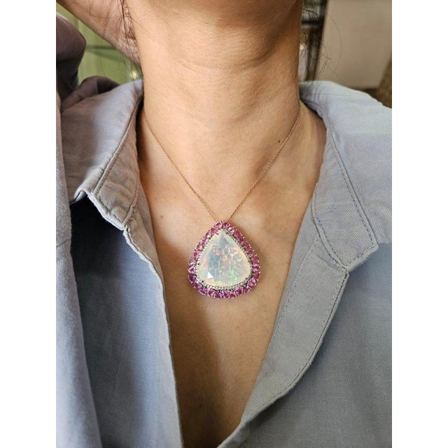 White 29.59 Carat Ethiopian Opal, Pink Sapphire & Diamond Cocktail Ring/ Pendant Necklace, Size 6 For Sale - Image 8 of 16