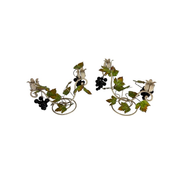 Pair of Vintage Italian Tole Grapevine Candlesticks A charming pair of vintage Italian tole candlesticks, beautifully...